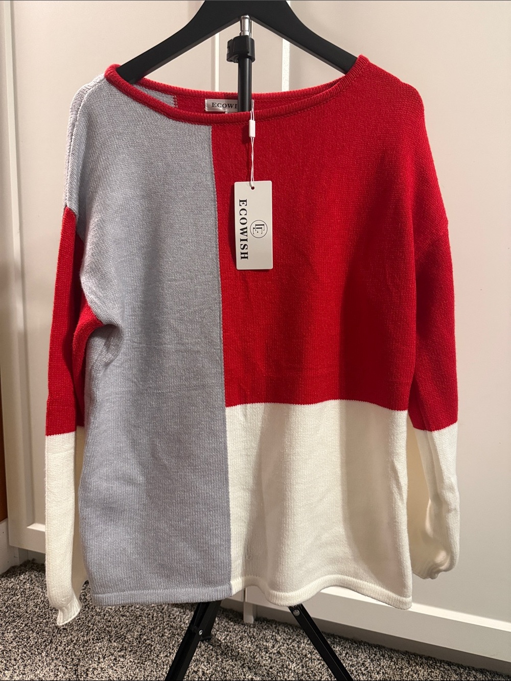 ECOWISH Women’s Medium Color Block Sweater Red Gray Ivory NWT Oversized
